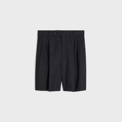 Triple-pleated men’s shorts in striped wool