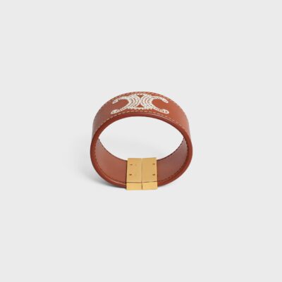 Triomphe Embroidered Leather Bracelet in Brass with Gold Finish and Calfskin